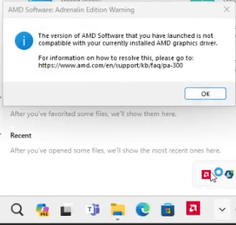 AMD Software: Adrenalin Edition cannot start due to driver compatibility issue.