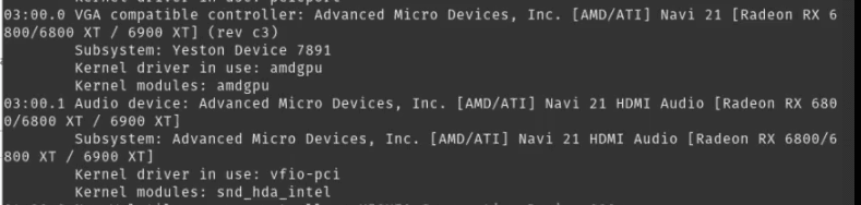 My RX6800 was bound to amdgpu the kernels driver, but its audio device utilizes vfio-pci successfully..