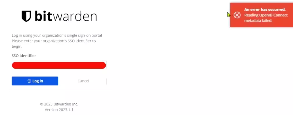 Bitwarden SSO error due to having the Identity API disabled.