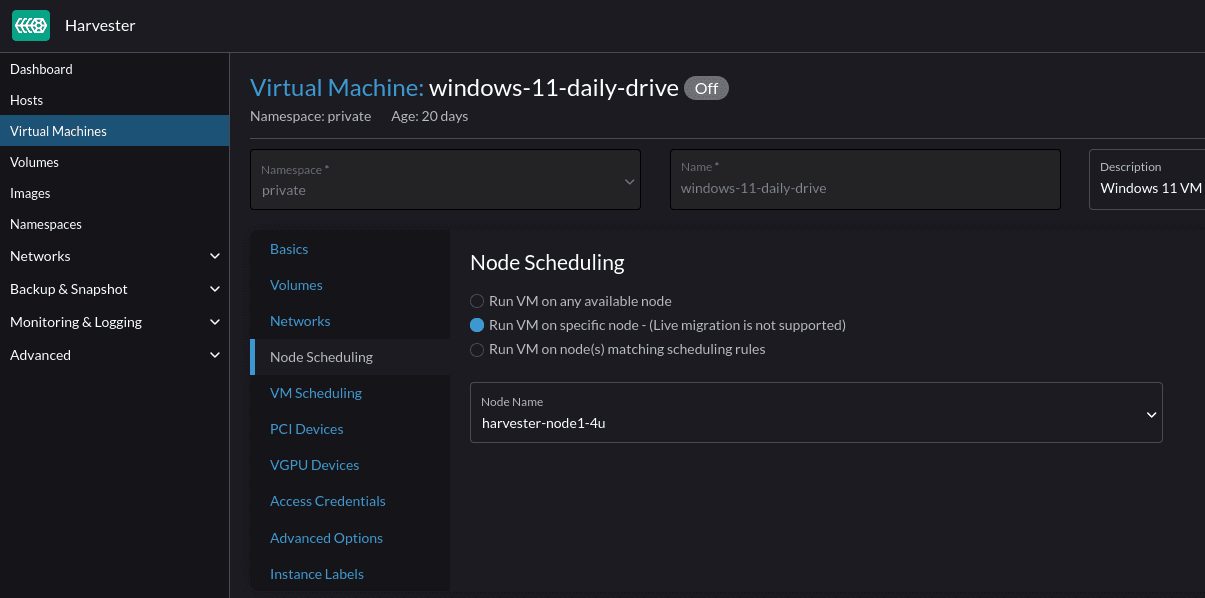 Allow Windows 11 VM to only run on a specific node, and disable live migration capability.