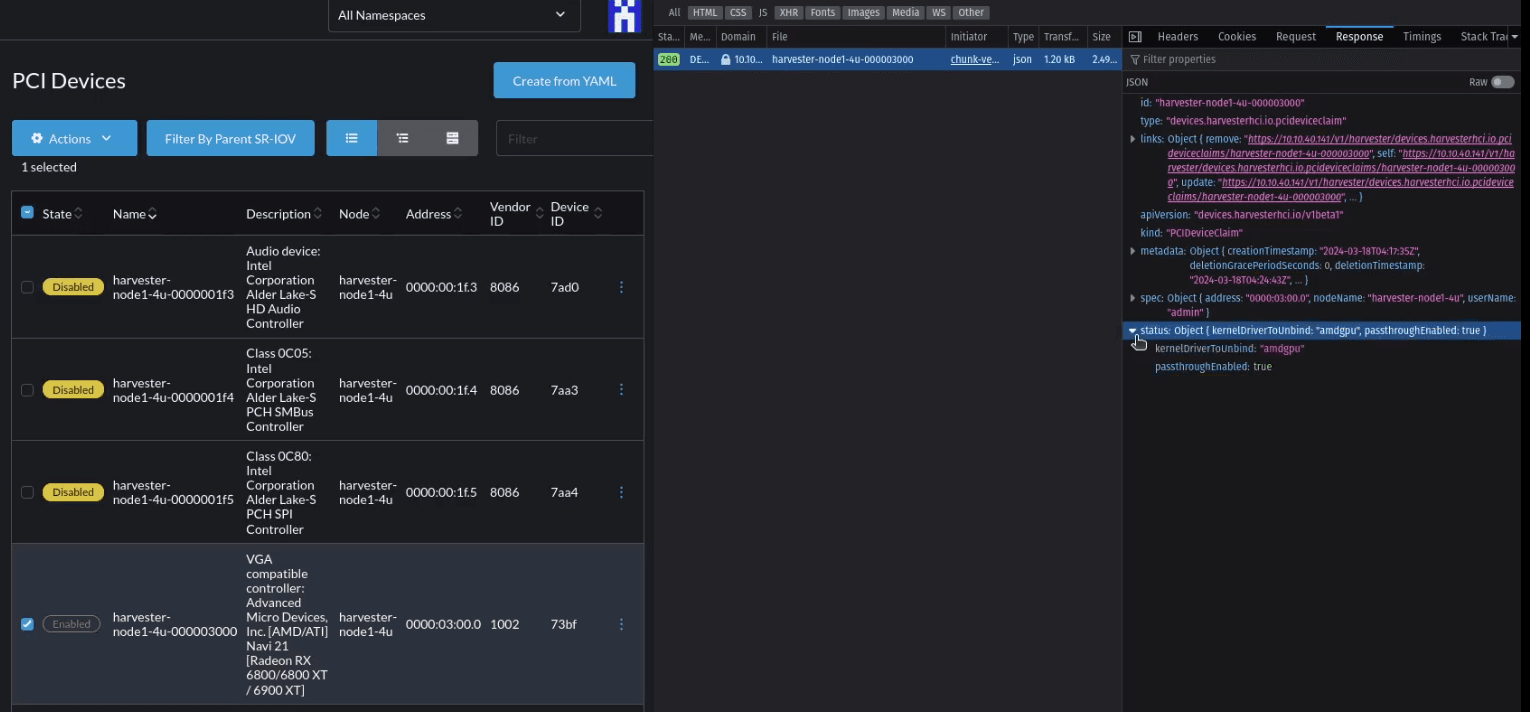 Fail to disable GPU passthrough via Harvester HCI web GUI, but shown as a successful API request.