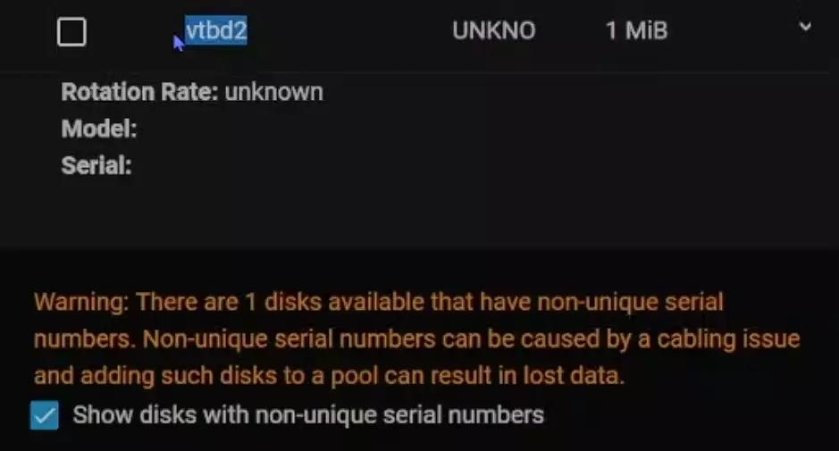 Virtual drives does not have unique serial number, and TrueNAS does not like it.