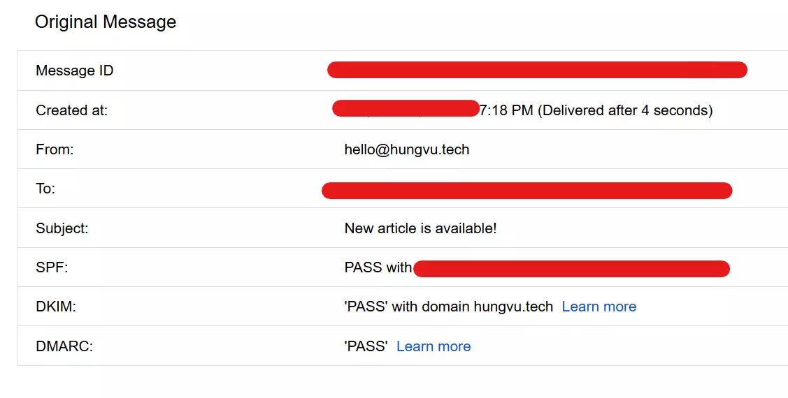 The emails from hungvu.tech reach their destination and pass SPF and DKIM tests, as verified by Gmail.