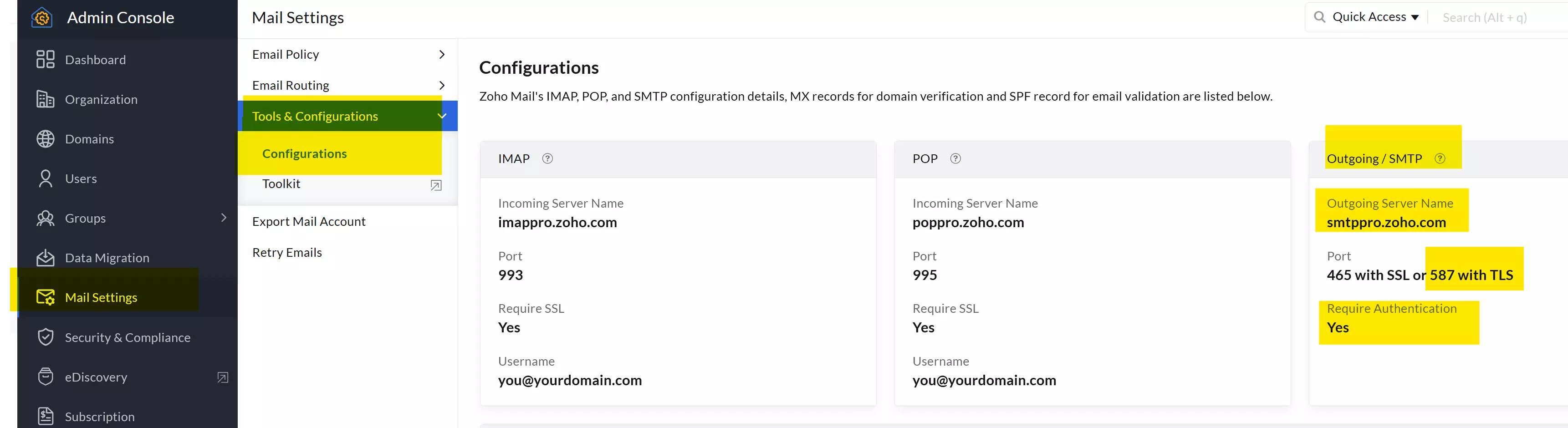 Retrieve SMTP information via the Mail Settings tab in Zoho Mail.