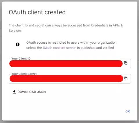 OAuth client ID and client secrete are created.