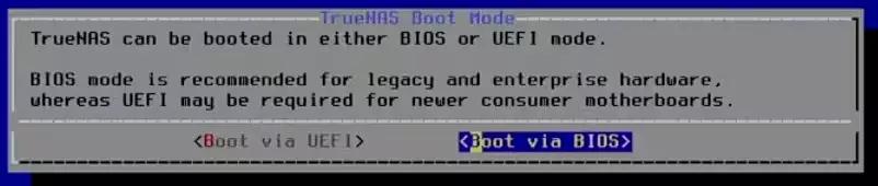 Choose boot loader mode during TrueNAS installation.