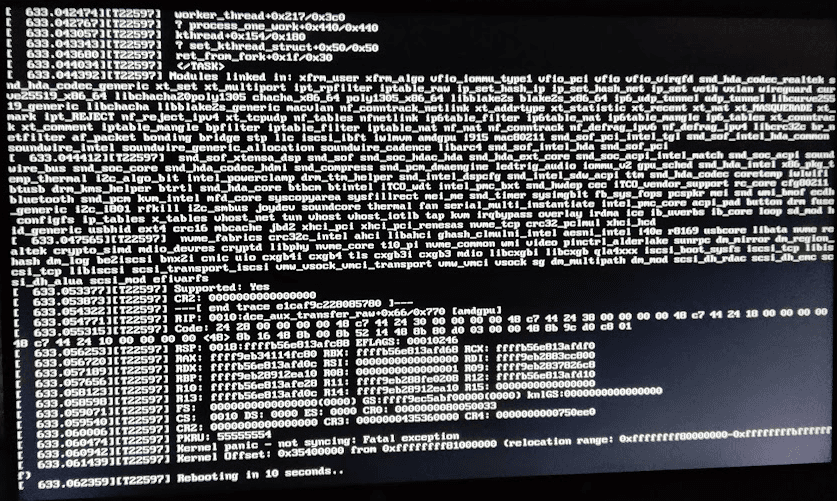 An example of kernel panic, which happens when unbinding amdgu or binding vfio-pci kernel drivers.