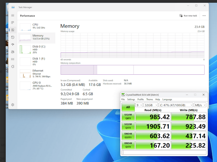 Low measured performance, possibly due to cache saturation and external SSD enclosures access, leading to OS freeze during the run.